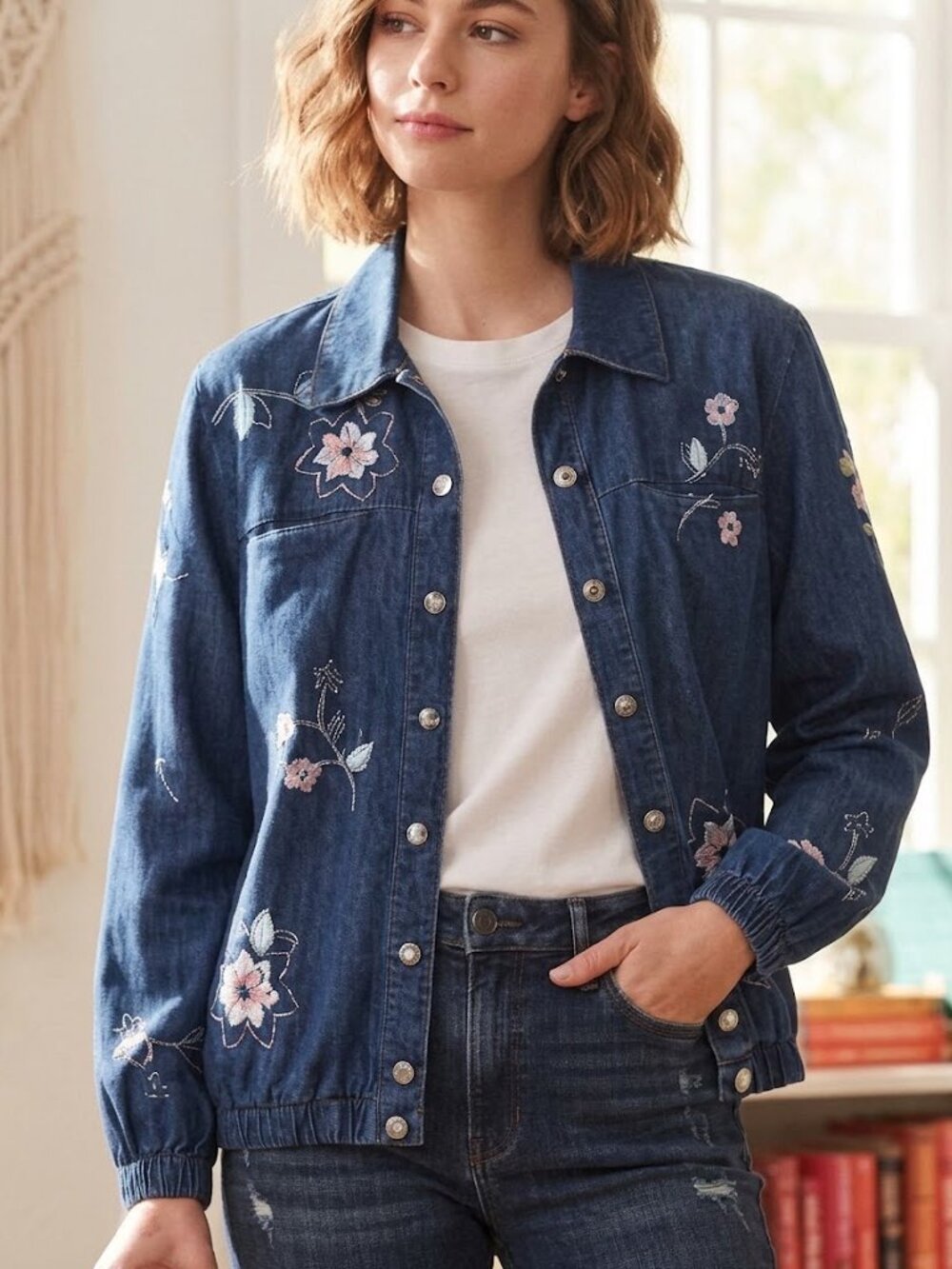 Vintage 90s Alfred Dunner Embroidered Denim Jacket | Floral Cotton Shacket Sz 8